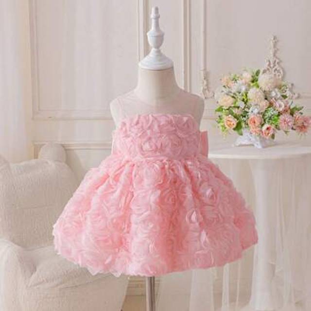 SHEIN Baby Girl Pink 3D Floral Lace Satin Puff Sleeve Backside Bow Pearls Decor Party Dress, Suitable For Wedding, Birthday, Anniversary, Performance Baby G