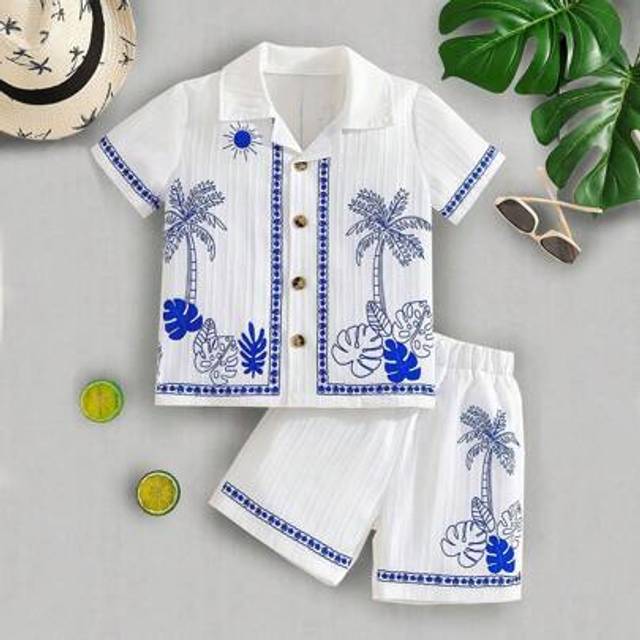 SHEIN 2pcs Boys Holiday Style Plant Print Snap-Front Shirt + Shorts Casual Outfit Set, Suitable For Casual Wear, Holiday, Outdoor Activities, Festivals, Sum