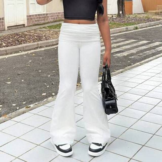 SHEIN Tween Girls Casual Basic Ribbed High Waist Ruched Slim Flared Pants, Back To School