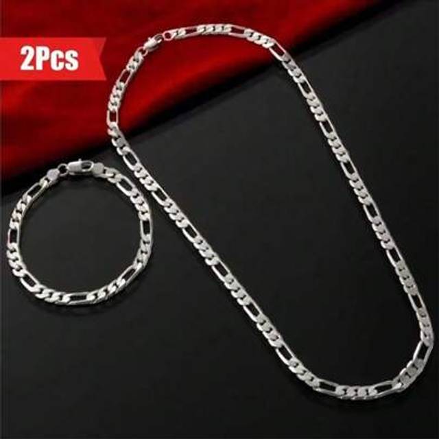 SHEIN Fashion Elegant Men&#39;s 925 Sterling Silver Figaro Chain Necklace And Bracelet Set - Fashion Hip Hop Party Jewelry Sets