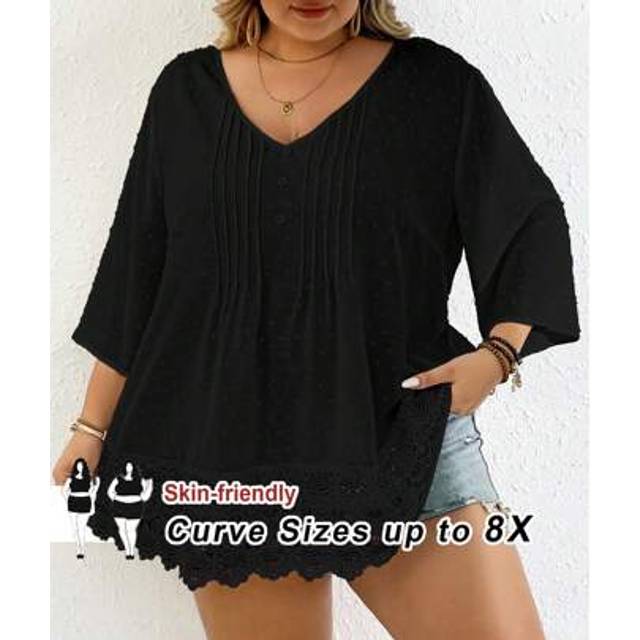SHEIN Plus Size Black Swiss Dot Blouse With Contrast Lace Trim And V NecklinebeachÂOutfitsÂForÂWoman/BeachÂDress/BeachÂVacationÂOutfits/BeachÂEssenti