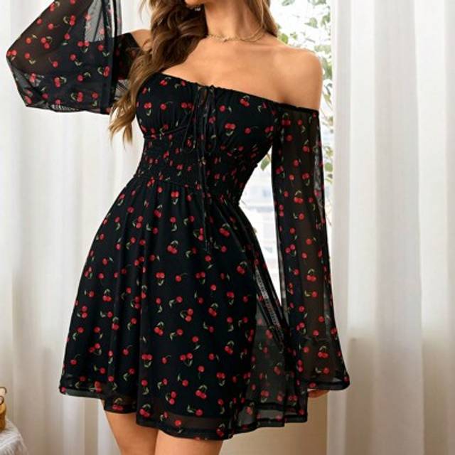 KARISMINA Cherry Print Front Tie Long Sleeve Off Shoulder Mini Dress For Women,For Summer Vacation, Women Summer Clothing