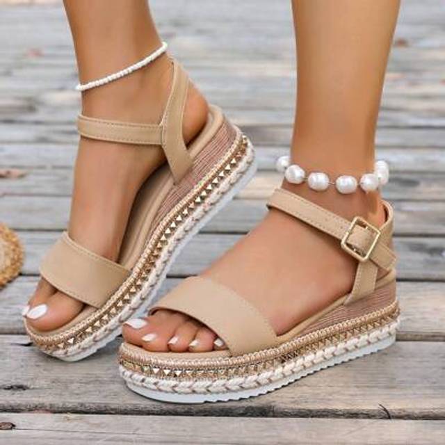 SHEIN Women&#39;s Summer Dressy Platform Fabric Bow Beach Wedge Heel Thick Bottom Roman Sandals, Rivet Decor Bohemian Open Toe Elastic Ankle Strap Breathable We
