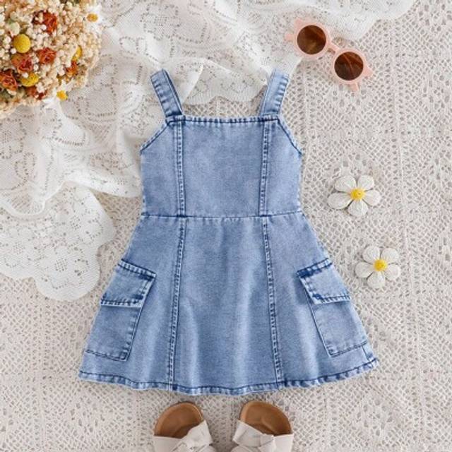 SHEIN Toddler Girls Casual Minimalist Streetwear Blue Denim Spaghetti Strap Overalls Dress, Summer