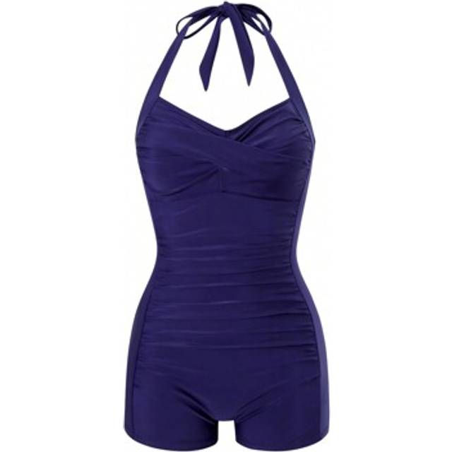 SHEIN Women&#39;s Solid Color Ruched Halter Casual One-Piece One-Piece Swimsuit Swimwear Summer