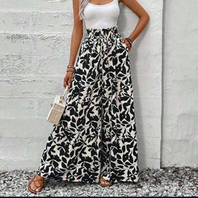 SHEIN Plus Size High Waist Pocketed Loose Wide Leg Women Pants In All-Over Print,Summer Pants