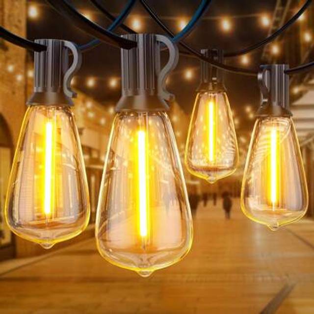 SHEIN 100FT/30M Outdoor Festoon Lights â Warm White ST38 LED String Lights With 50+2 Shatterproof Bulbs, Waterproof & Mains Powered Garden Lights For Pati