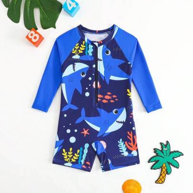 SHEIN Infant One-Piece Swimsuit With Zipper, Ocean Life Shark Print. A Must-Have For Summer Beach Vacation. Long Sleeve Design, Blue Contrast Color, Adorabl