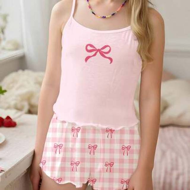 SHEIN Tween Girl Casual Plaid Bow Design Slim-Fit Camisole Top And Shorts Pajamas Set, Suitable For Summer