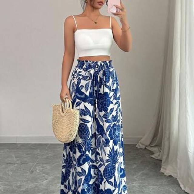 Calvaya Casual Printed Wide Leg Pants With Pockets, Drawstring Waist, Vacation Style