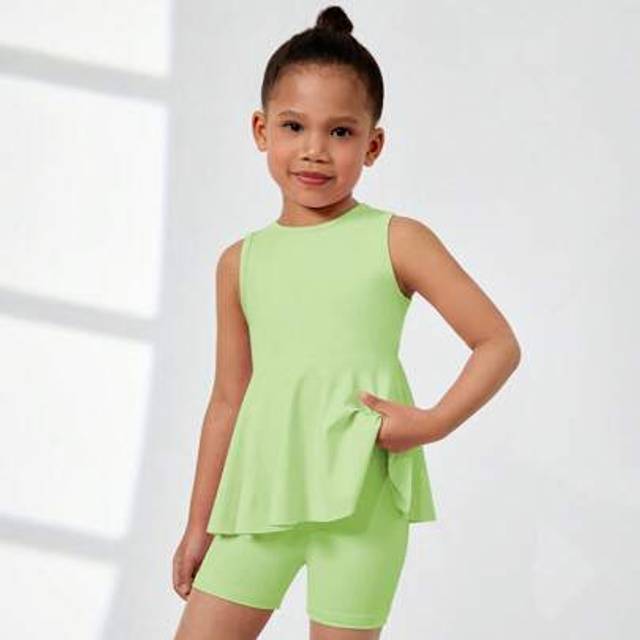 SHEIN 2pcs Young Girls Solid Color Sweet Cute Casual Short Sleeve Dress + Leggings Set, Suitable For Daily Wear, Holiday, Vacation