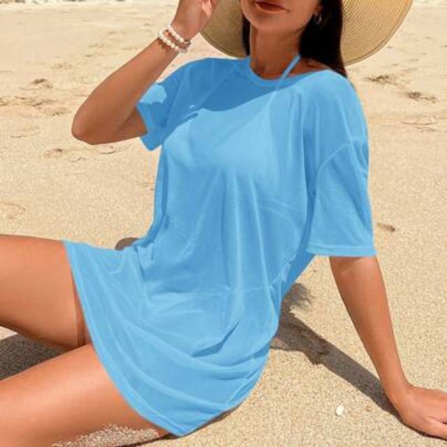 SHEIN Women&#39;s Solid Color Round Neck Short Sleeve Kaftan Dress, Vacation Wear
