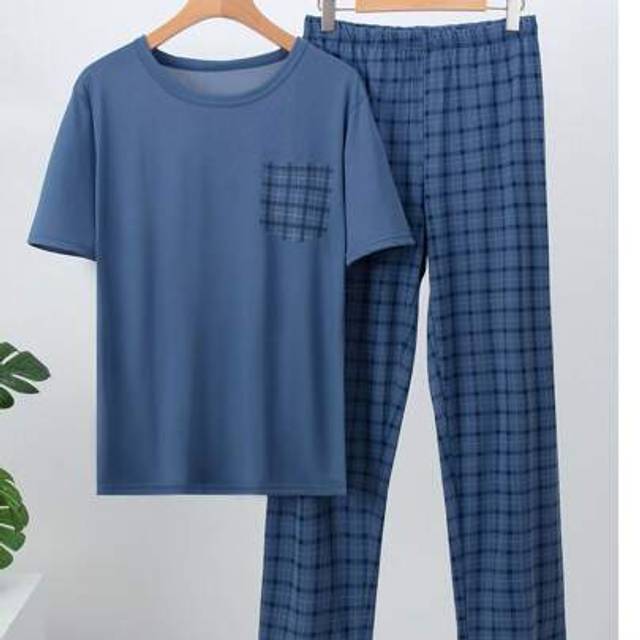SHEIN 2pcs/Set Men&#39;s Summer Lightweight Pajama Set, Short Sleeve Top & Long Pants Sleepwear Loungewear