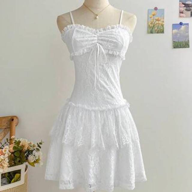 Soleia Women Romantic White Vacation Lace Trim Sheer Mini Slip Dress, Dainty Party Wear For Spring & Summer