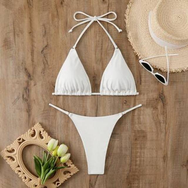 SHEIN Women&#39;s Summer Beach Solid Color Halter Neck Bikini Set With Separated Bikini Set