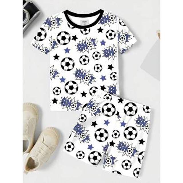 SHEIN Toddler Boy Casual Minimalist Snug Fit Crew Neck Short Sleeve Shorts Pajamas, Suitable For Spring/Summer