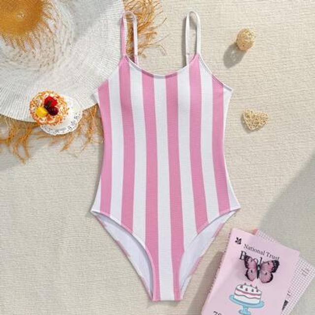 SHEIN Teen Girl Fashion Striped Print One Piece Swimsuit, Suitable For Holiday, Beach, Surfing, Swimming