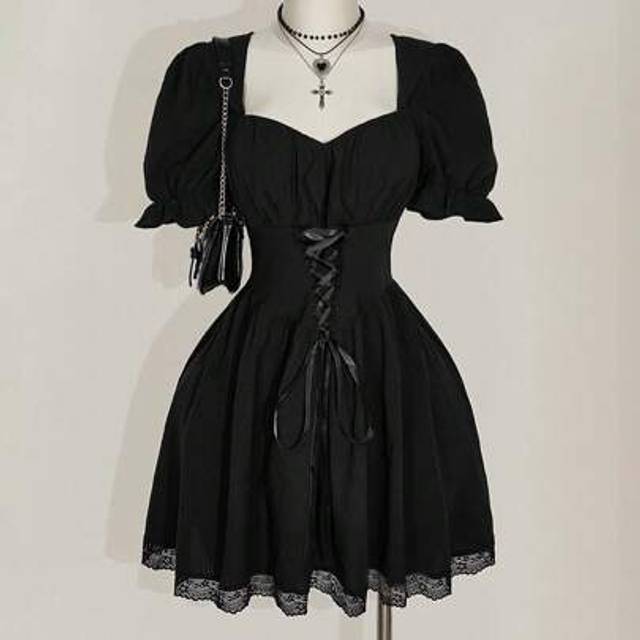 SHEIN Plus Size Black Square Neck Puff Sleeve Cinched Waist A-Line Princess Dress, Y2K Dark Academia Punk Style Summer Dress