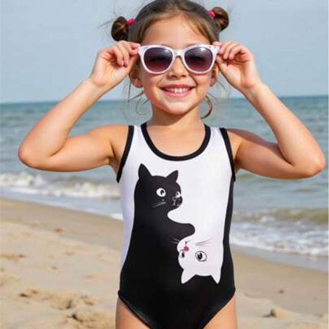 SHEIN Young Girls Cute Cartoon Black & White Cat Print One-Piece Swimsuit