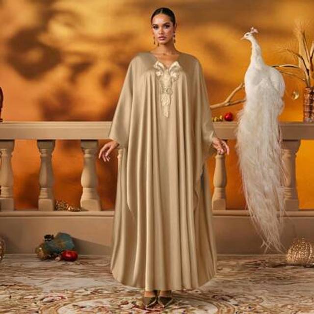 SHEIN Elegant Gold Embellished Kaftan Gown With V-Neck And Flowing Train, Plus Size Friendly Long Formal Dress, Luxury Abaya Evening Wear For Women, Modest