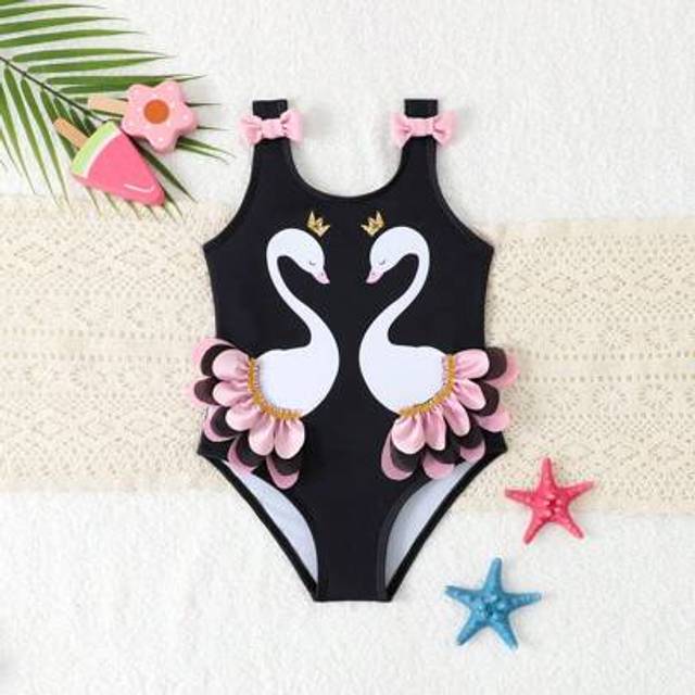 SHEIN Young Girl&#39;s Flamingo & Stripe Print One-Piece Swimsuit, Cute Bow Strap Design, Summer Beach