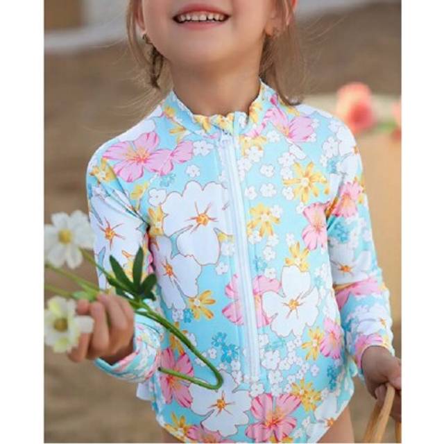SHEIN Young Girls&#39; 4-7Y Sweet Floral Print Long Sleeve Zipper One-Piece Swimsuit For Beach Vacation