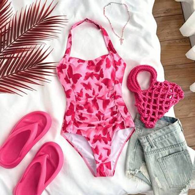 SHEIN 1pc Teen Girl Pink Butterfly Print Halter Swimsuit Bathing Suit, Cute Casual Holiday Swimwear