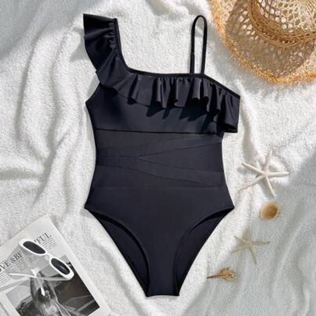 SHEIN Teens Girls&#39; Ruffle Trim One-Piece Swimsuit, Casual Minimalist Sporty Design, Comfortable
