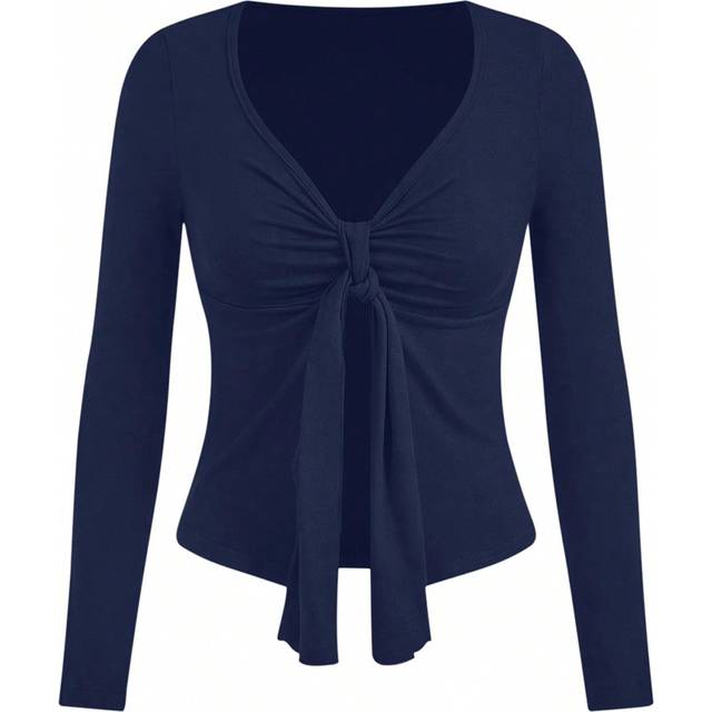 Flirla Women Solid Color Ruched Front Twist Long Sleeve Casual T-Shirt, Autumn