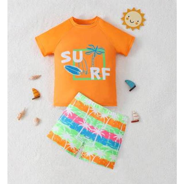 SHEIN Young Boy Palm Tree Print Short Sleeve Top And Shorts Swimsuit Set