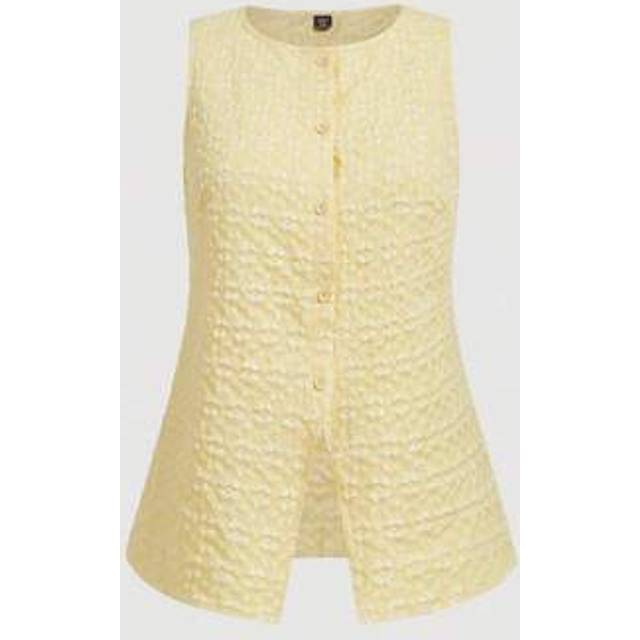 SHEIN Plus Size Women Yellow Texture Fabric Front Button Down Shirt,Casual Sleeveless Pleated Collar Blouse Work Blouses For Women Women Shirts And Tops Sum