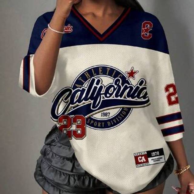 Slaydiva Casual Retro Letter & Number Badge Placement Mesh Letter & Number Print Women T-Shirt, Suitable For Summer & Sports Season