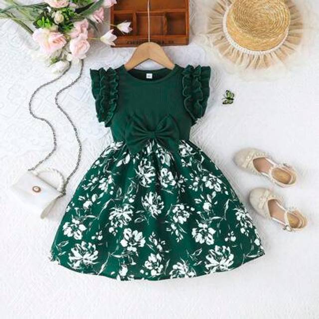 SHEIN Little Girls&#39; Sleeveless Solid Color Ribbed Dress With Bow Flower Prints, Sweet Party Wear Summer