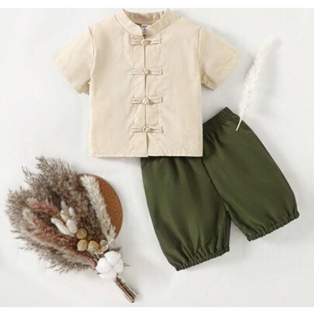 SHEIN Baby Boy Spring/Summer New Casual Loose Minimalist Chinese Style Button-Up Shirt And Shorts Set, Suitable For Wedding, Birthday Party, Evening Event,