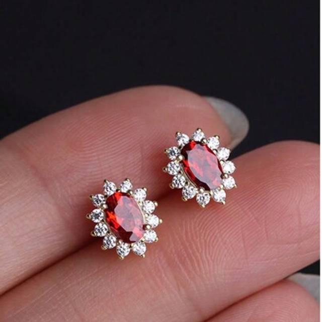 SHEIN 1 Pair S925 Sterling Silver 18K Gold Plated Minimalist Garnet & Cubic Zirconia Stud Earrings For Girl