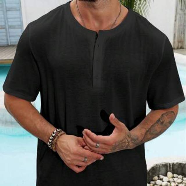 SHEIN Plus Size Men&#39;s Plain Button-Up Henley Short Sleeve T-Shirt, Summer