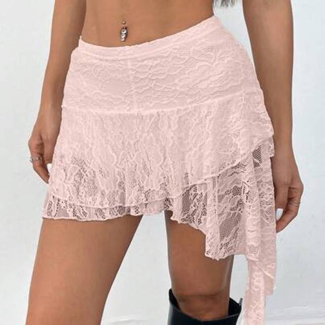 INAWLY Women&#39;s Summer Solid Color Lace Asymmetrical Hem Skirt
