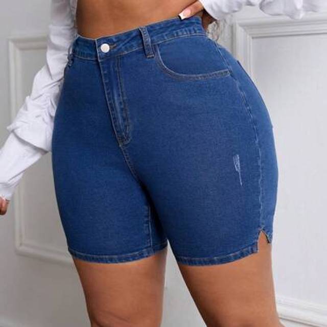 SHEIN Plus Size Women&#39;s Elastic Blue Denim Skinny Side Slit Jeggings