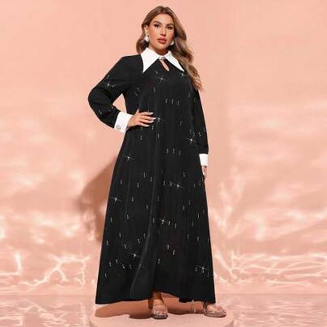 SHEIN Plus Size Women&#39;s Contrast Color Turndown Collar Long Sleeve Maxi Loose Arabian Modest Dress