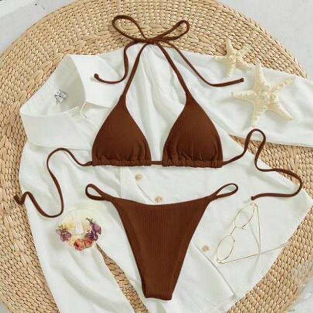 SHEIN Springbreak Women Solid Halterneck Bikini Set, Beach Clothes Outfit