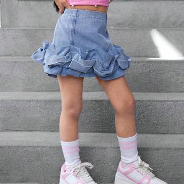 SHEIN Young Girl Y2K Blue Denim Pleated A-Line Mini Skirt,Kid Girls Spring And Summer Casual Vacation Country Boho Wear, Beach Outfits For Kid Girls,Western