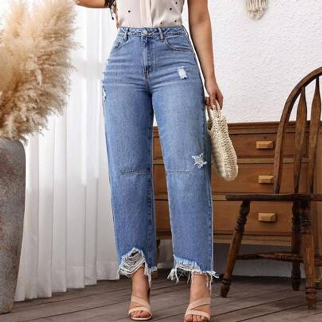 SHEIN Mid Waist Distressed Raw Hem Straight Leg Cropped Jeans