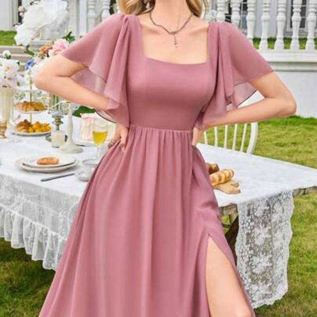 SHEIN Chiffon Minimalist Sexy Ruched Party Cocktail Wedding Dress, Bridesmaid Dress