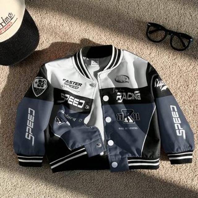 SHEIN Baby Boy Grey & Black Contrast Color Sporty Casual Street Cool Zip-Up Motorcycle Jacket, Suitable For Home, Outdoor, Sports - Spring, Autumn & Winter
