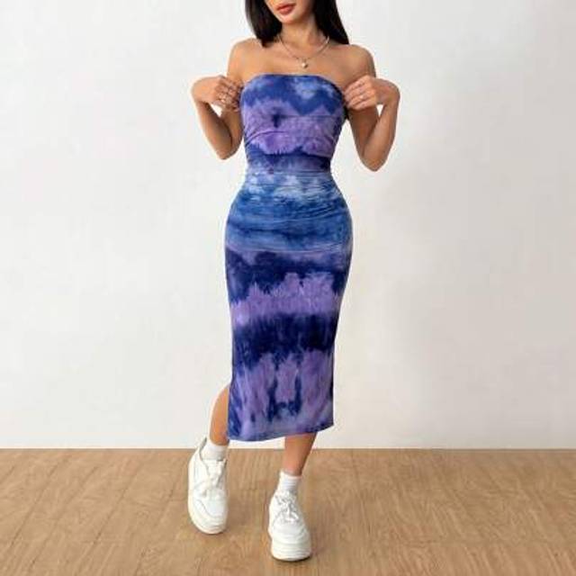 SHEIN Tie-Dye Knit Side Slit Casual Tube Dress For Women