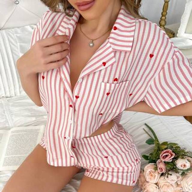 SHEIN Striped Heart Print Lapel Top With Pocket & Shorts Women Pajama Set