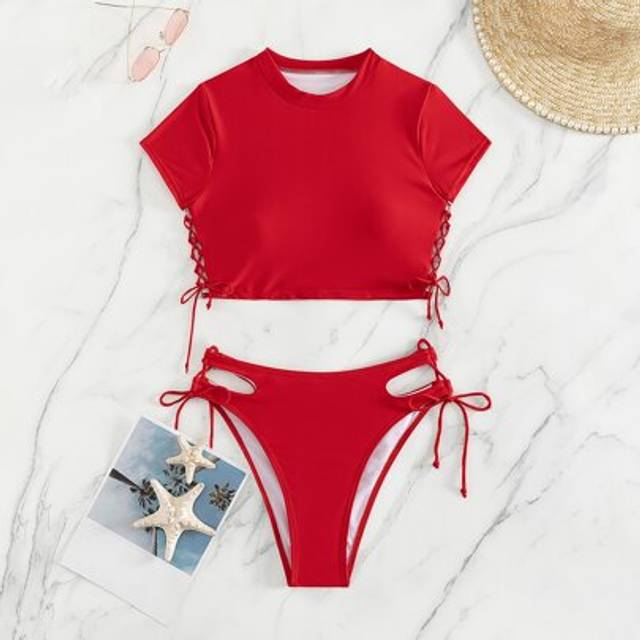 SHEIN Summer Beach Solid Bikini Set Short Sleeve Tee & Cut Out Tie Side Bottom 2 Piece Bathing Suit