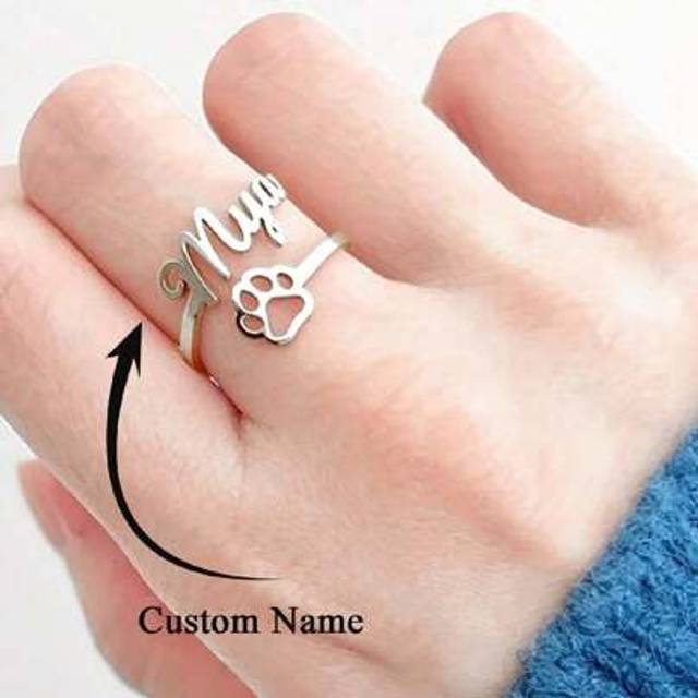SHEIN 1pc Customized Name Ring Personalized Cute Cat Paw Name Ring For Women Men Stainless Steel Adjustable Open Ring Couple Gift Customized Birthday Gift C