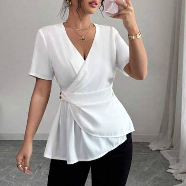 Elenzga Women&#39;s Summer Casual/Work Solid Color Wrap Asymmetrical Hem Blouse