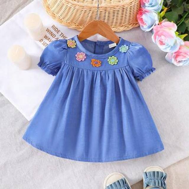 SHEIN 1pc Baby Girl Casual Cute 3D Flower Blue Dress, Suitable For Outdoor Leisure